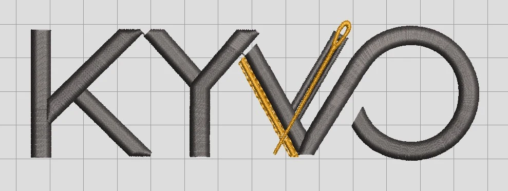 Matriz da logo KYVO no programa de bordado: letras cinza em ponto cheio e a agulha em dourado