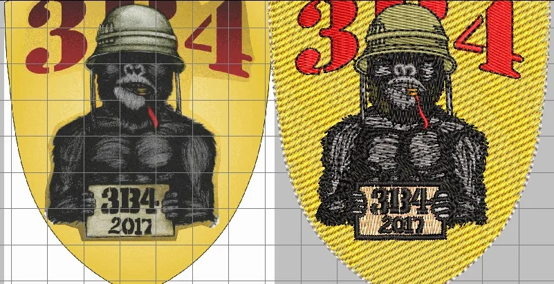 Escudo 3B4 2017 com gorila de capacete: a arte original à esquerda e a matriz de bordado programada à direita